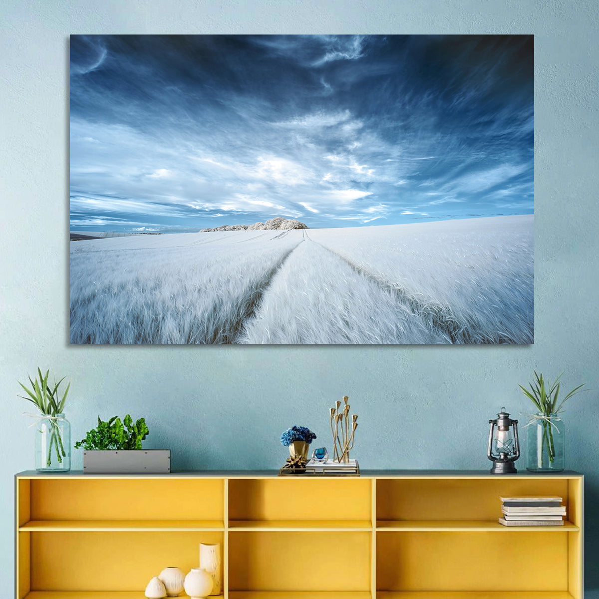 Surreal Infrared Grain Field Wall Art in a room, landscape