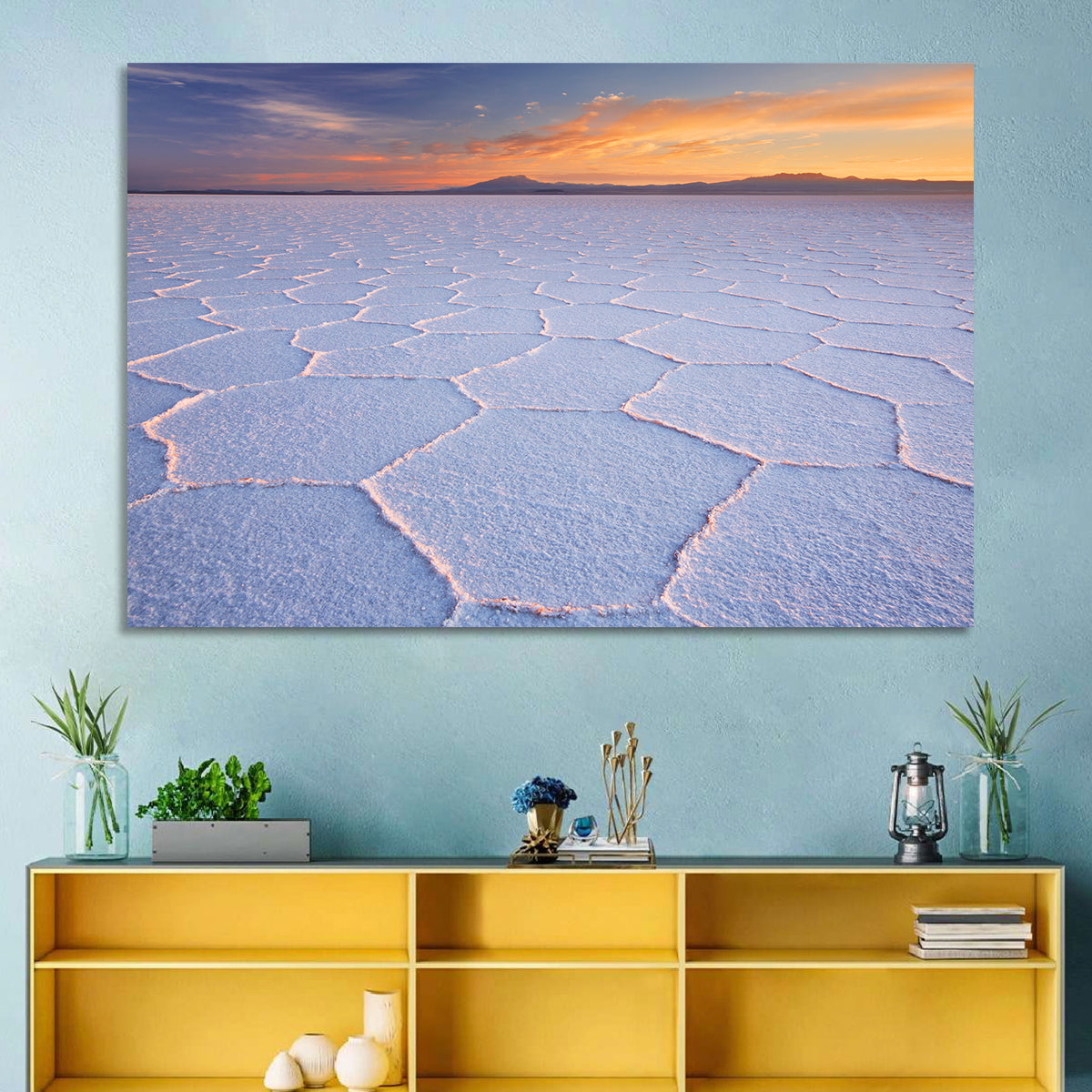 Salar De Uyuni Sunrise Wall Art in a room, landscape