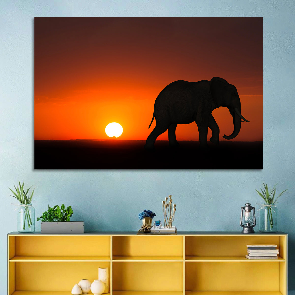 Sunset Elephant Silhouette Wall Art in a room, landscape