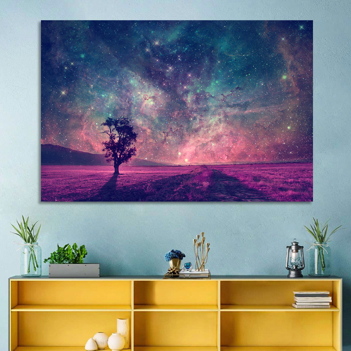 Lone Tree Under Nebula Sky Wall Art in a room, landscape