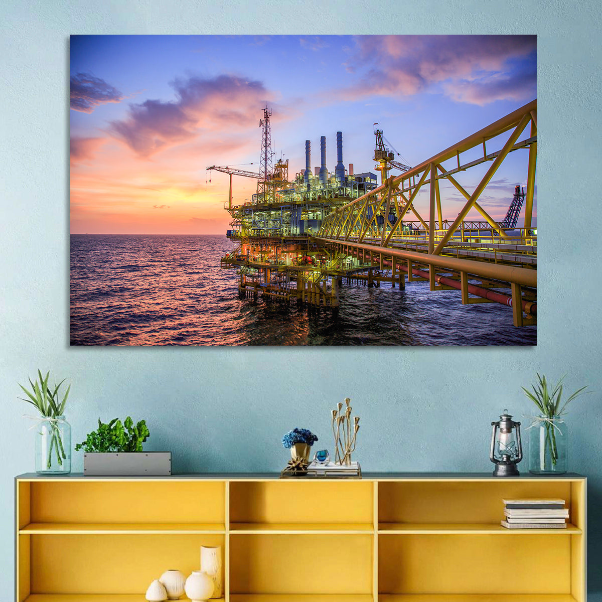 Golden Hour Offshore Oil Rig Wall Art in a room, landscape