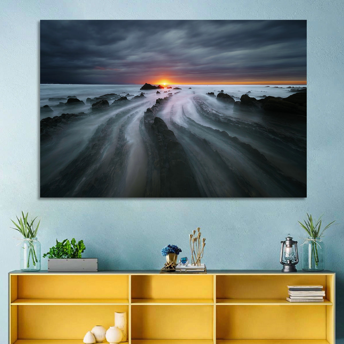 Barrika Beach Dusk Wall Art in a room, landscape