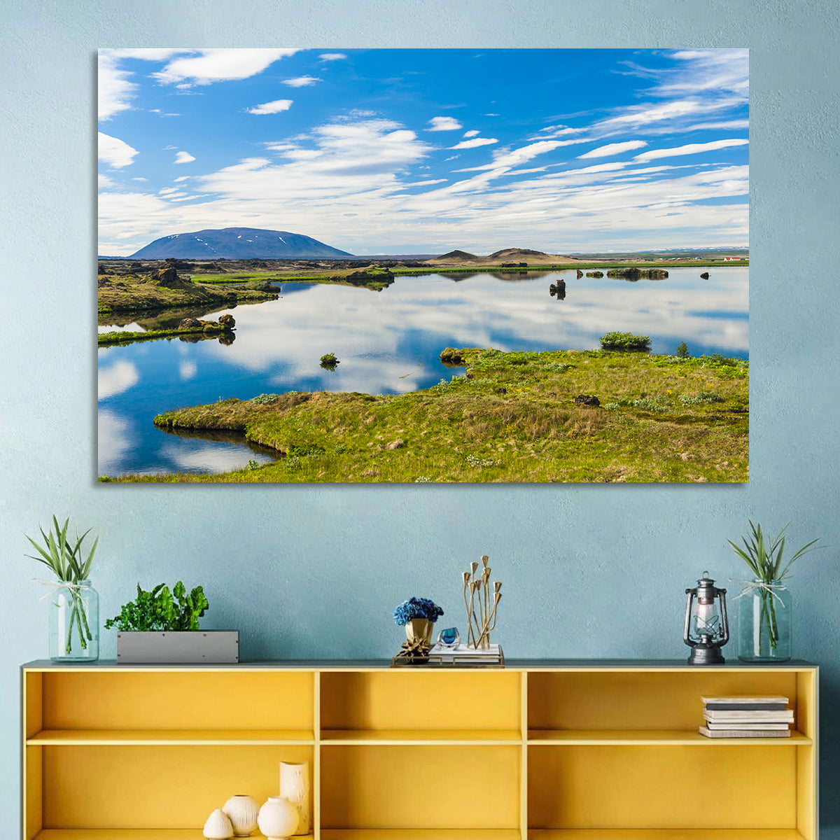 Lake Myvatn Reflection Wall Art in a room, landscape