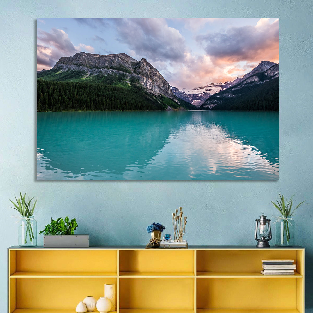 Turquoise Sunset at Lake Louise Wall Art in a room, landscape