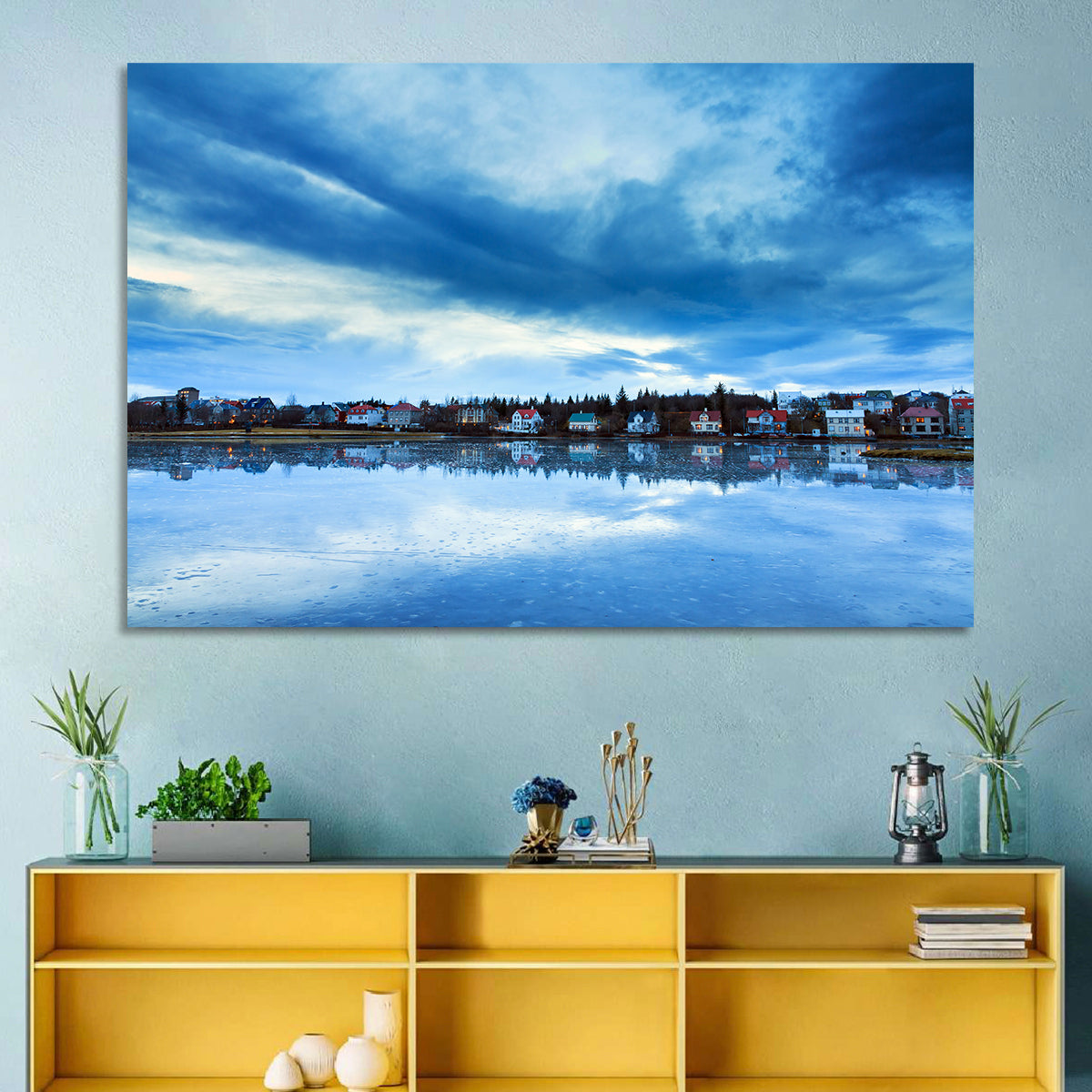 Tjornin at Twilight Reykjavik Wall Art in a room, landscape