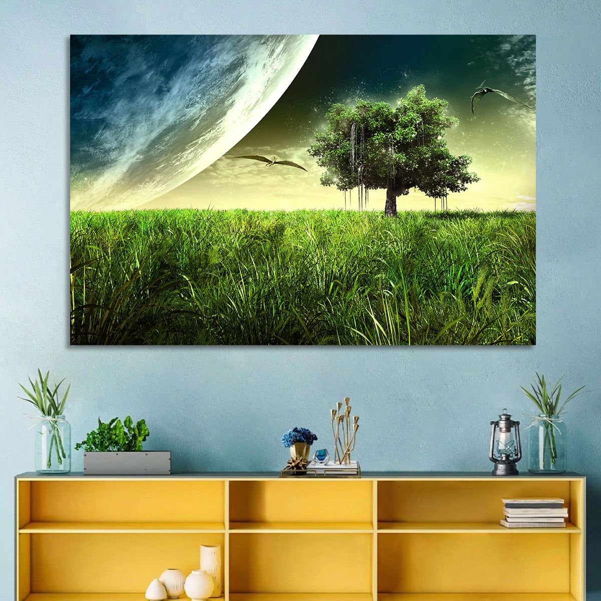Alien Meadow Under a Giant Planet Wall Art in a room, landscape