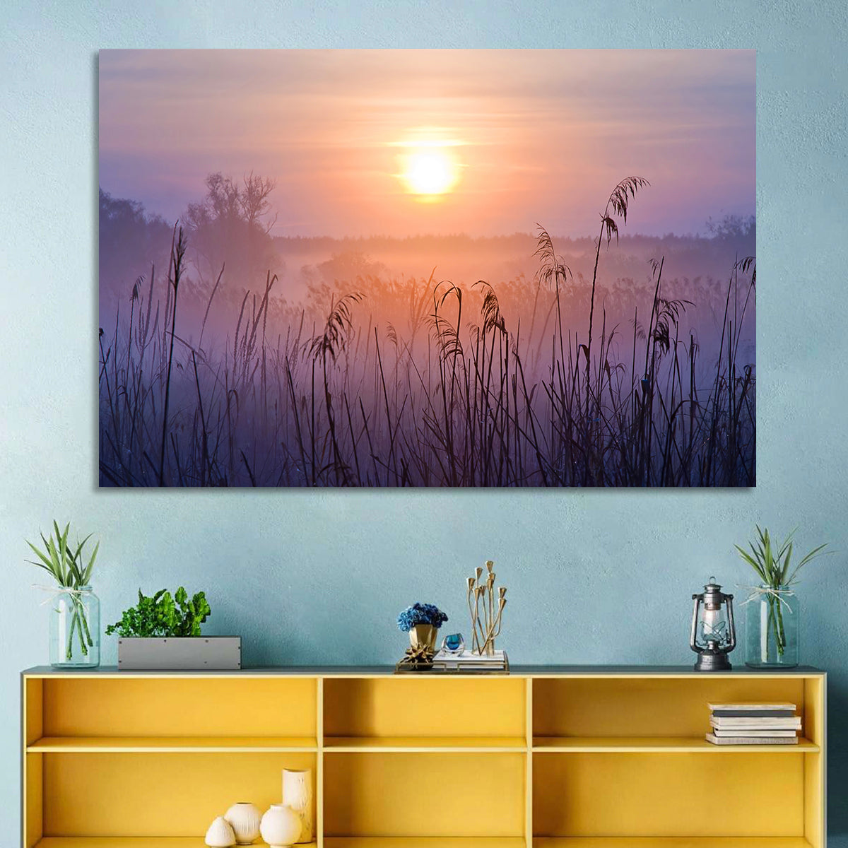 Lavender Sunrise Over Reeds Wall Art in a room, landscape