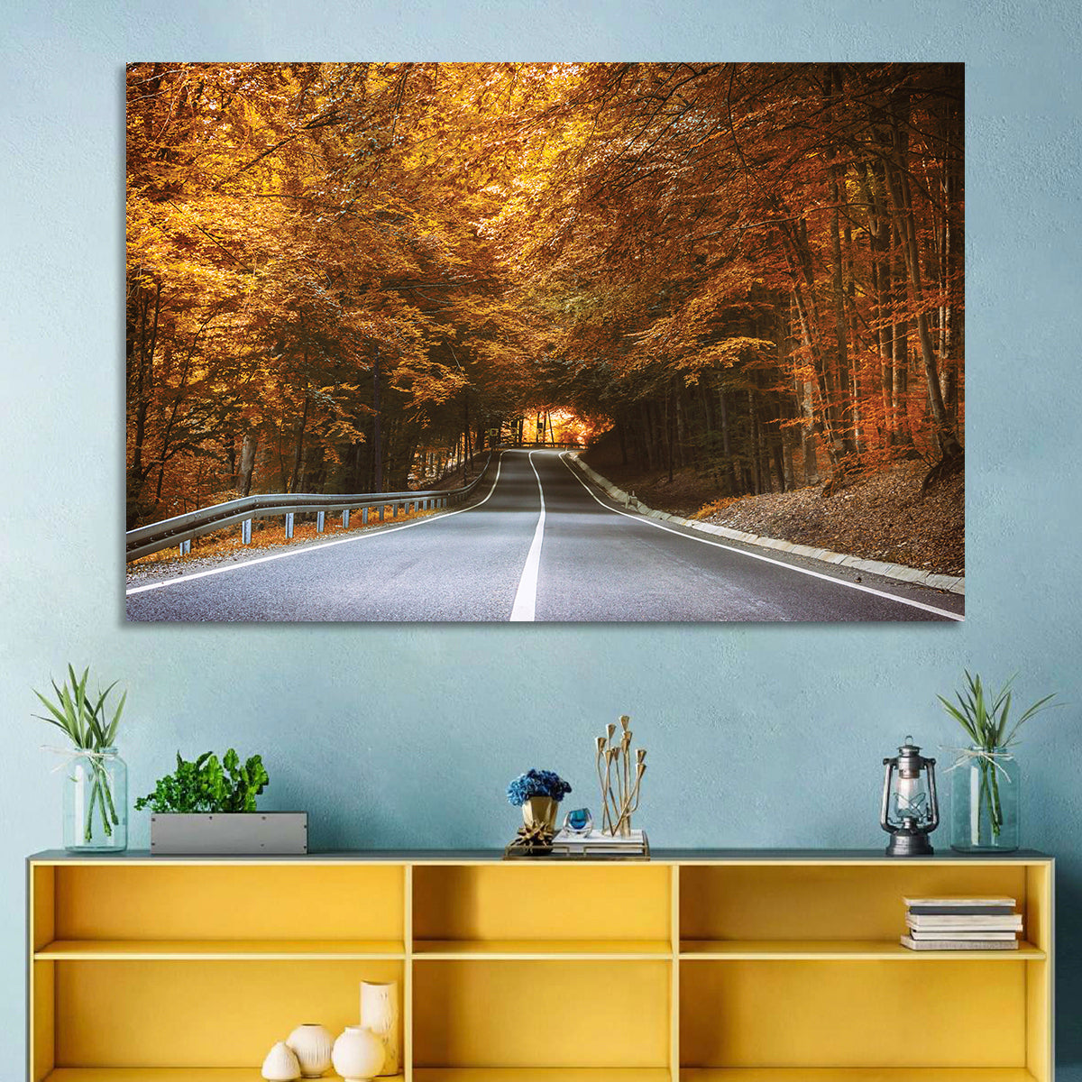 Autumn Forest Road with Canopy Wall Art in a room, landscape