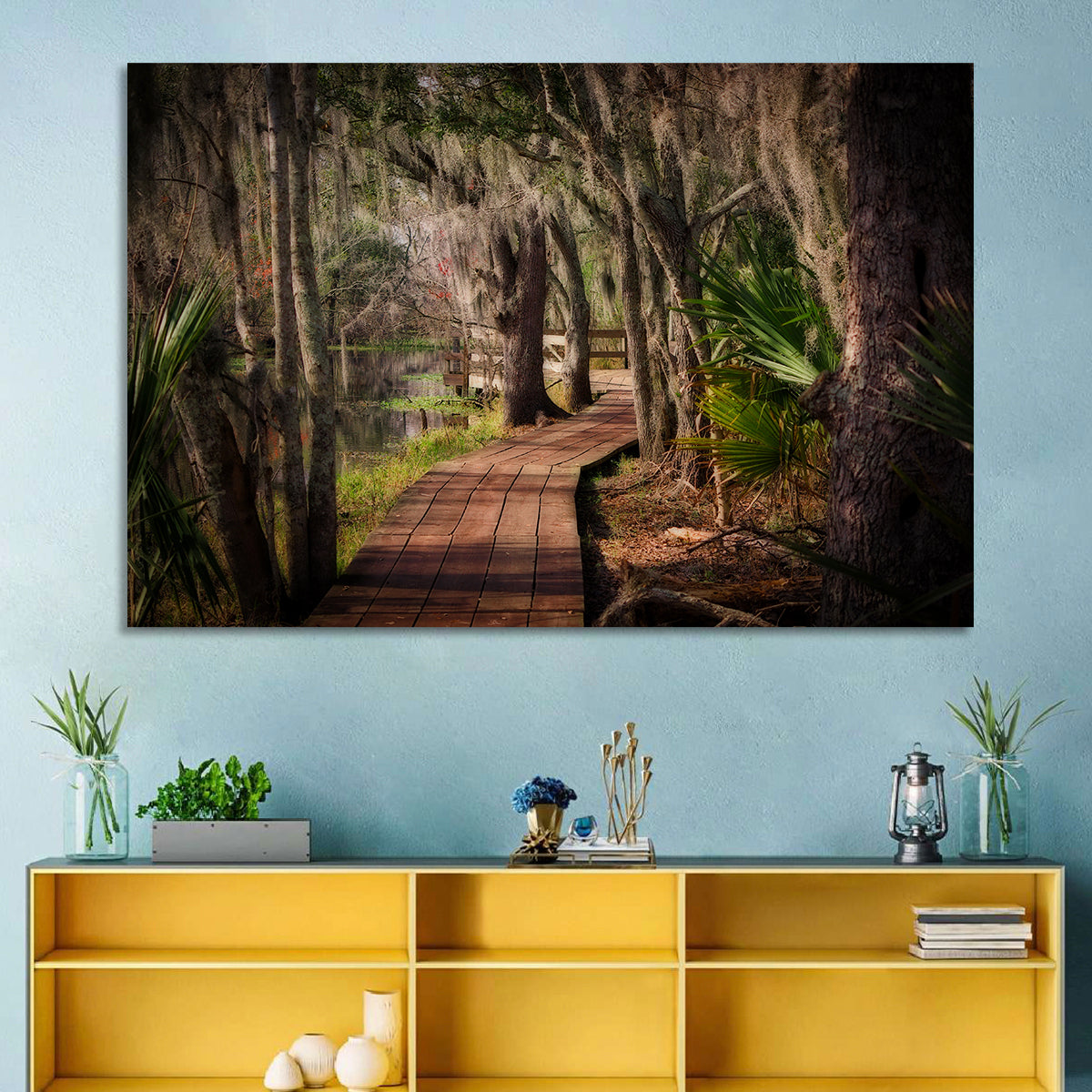 Louisiana Swamp Boardwalk Wall Art in a room, landscape