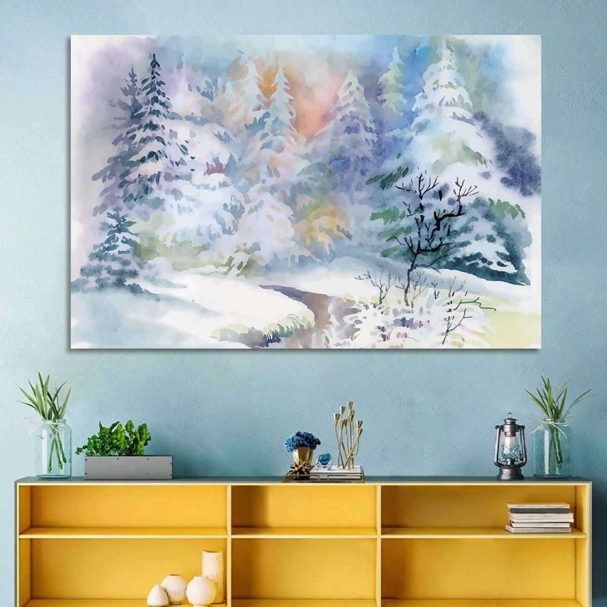 Winding Winter Stream Watercolor Wall Art in a room, landscape