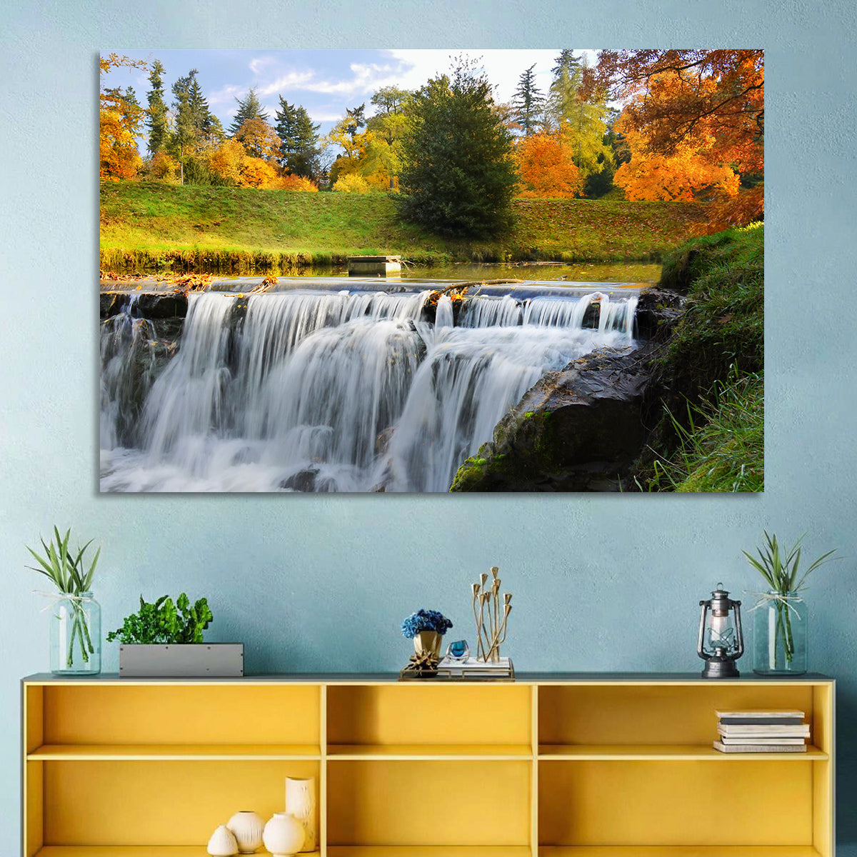 Autumn Forest Waterfall Wall Art in a room, landscape
