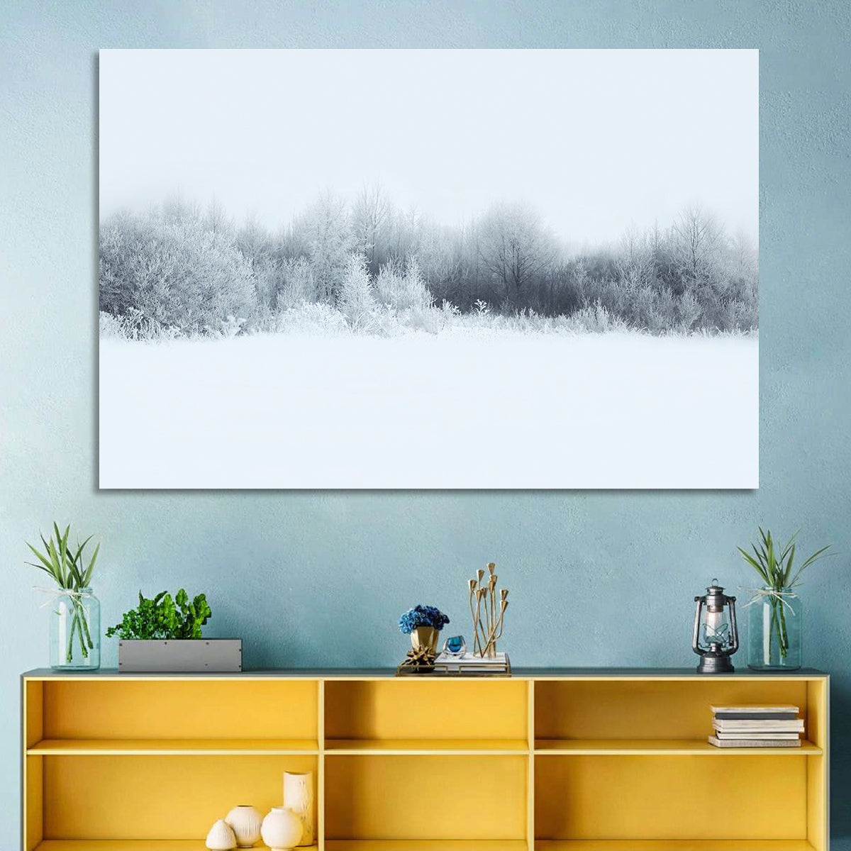 Frosted Winter Forest Wall Art in a room, landscape