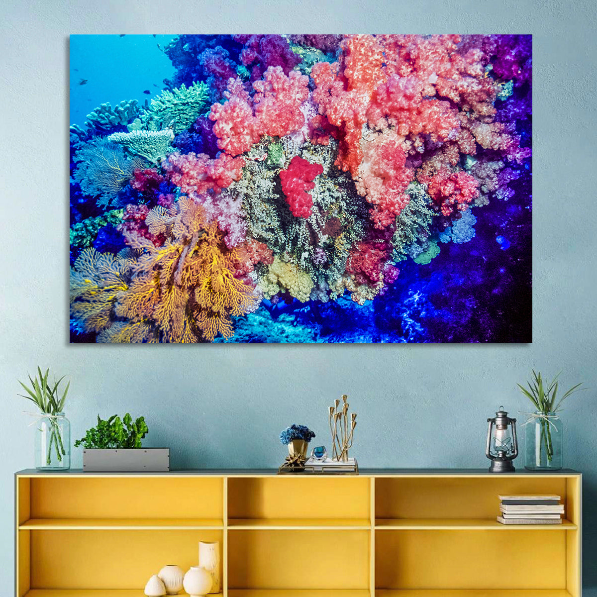 Vibrant Coral Reef Wall Art in a room, landscape