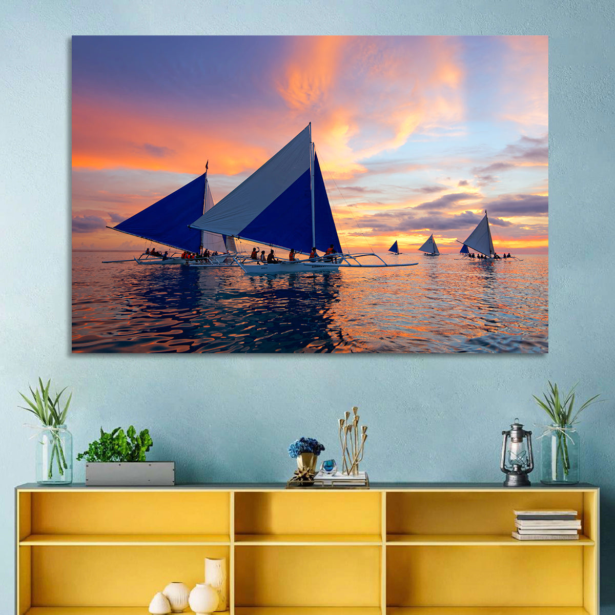 Outrigger Sailboats at Sunset Wall Art in a room, landscape