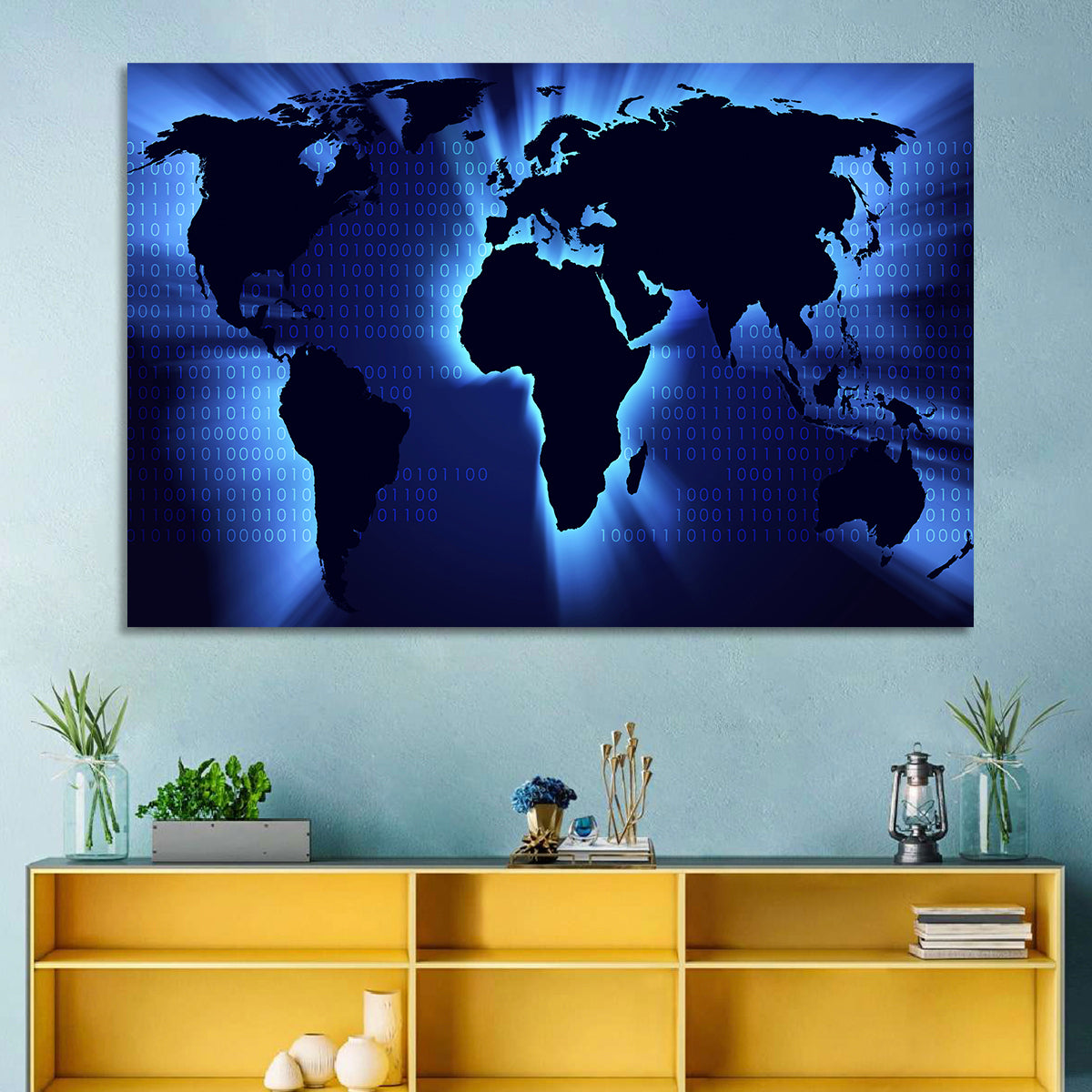 Glowing Digital World Map Wall Art in a room, landscape