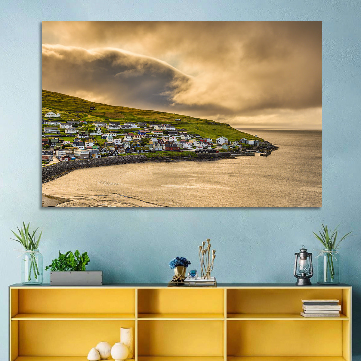 Coastal Village at Golden Hour Wall Art in a room, landscape