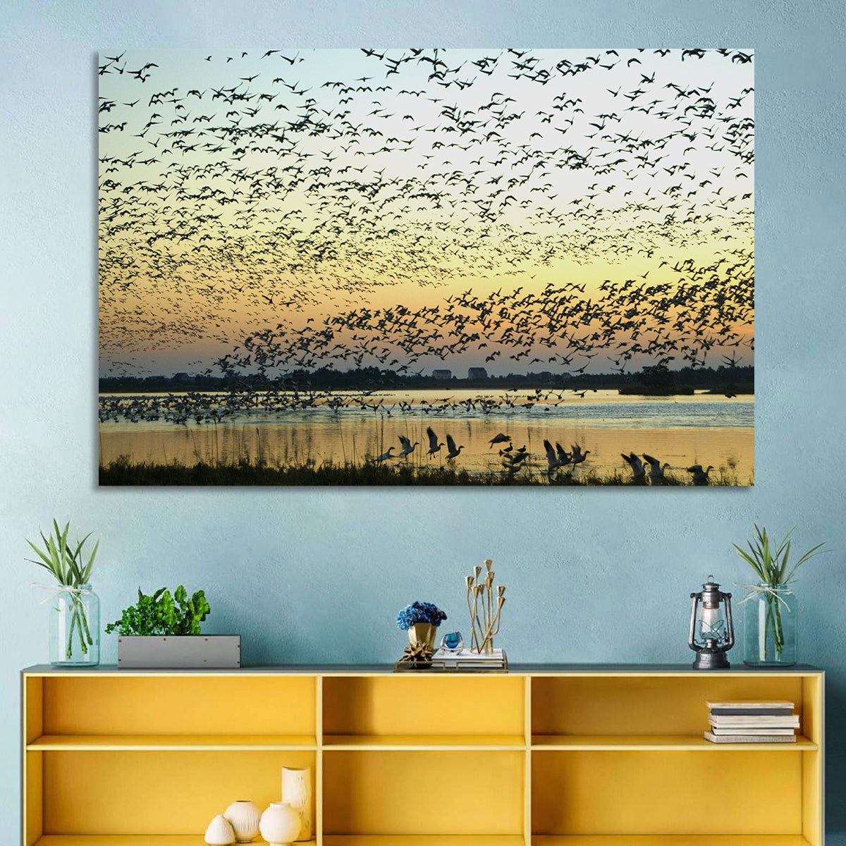 Snow Geese Over River Wall Art