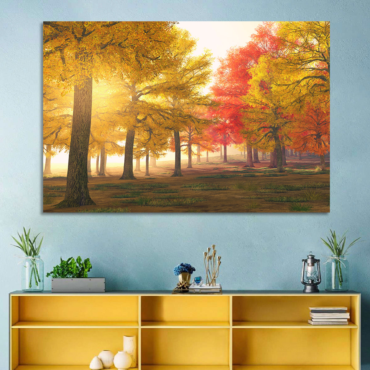 Foggy Autumn Forest Wall Art in a room, landscape