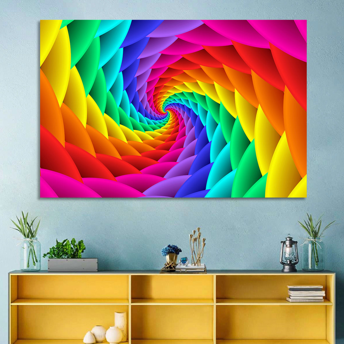 Rainbow Spiral Vortex Tunnel Wall Art in a room, landscape