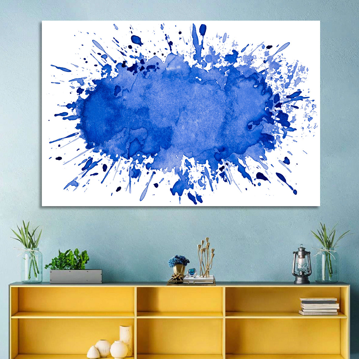 Blue Ink Splash Wall Art in a room, landscape