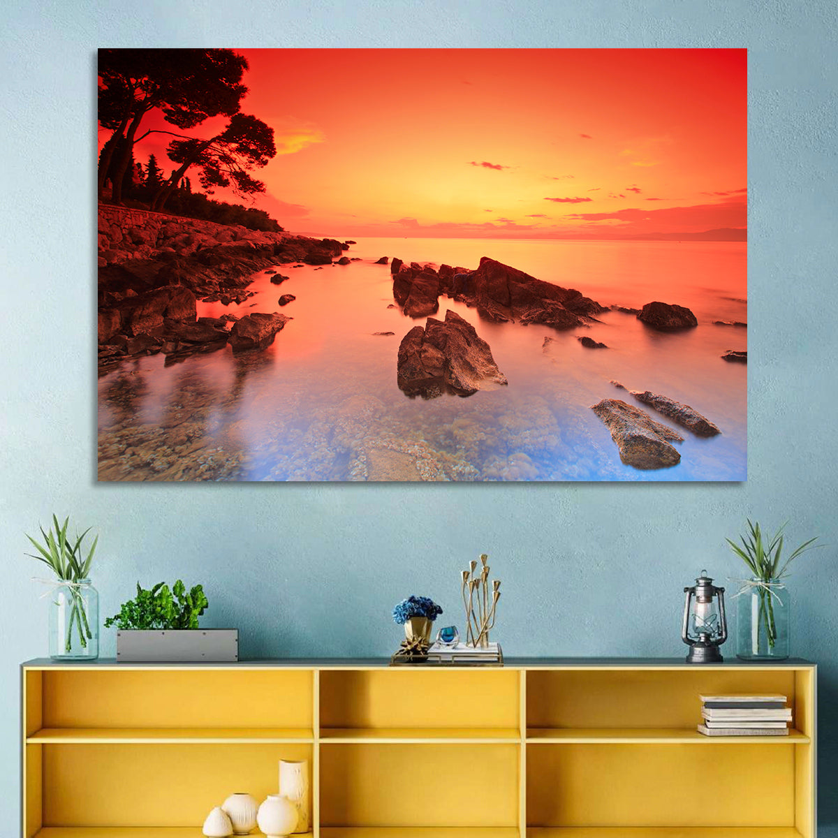 Brac Island Fiery Sunset Wall Art in a room, landscape