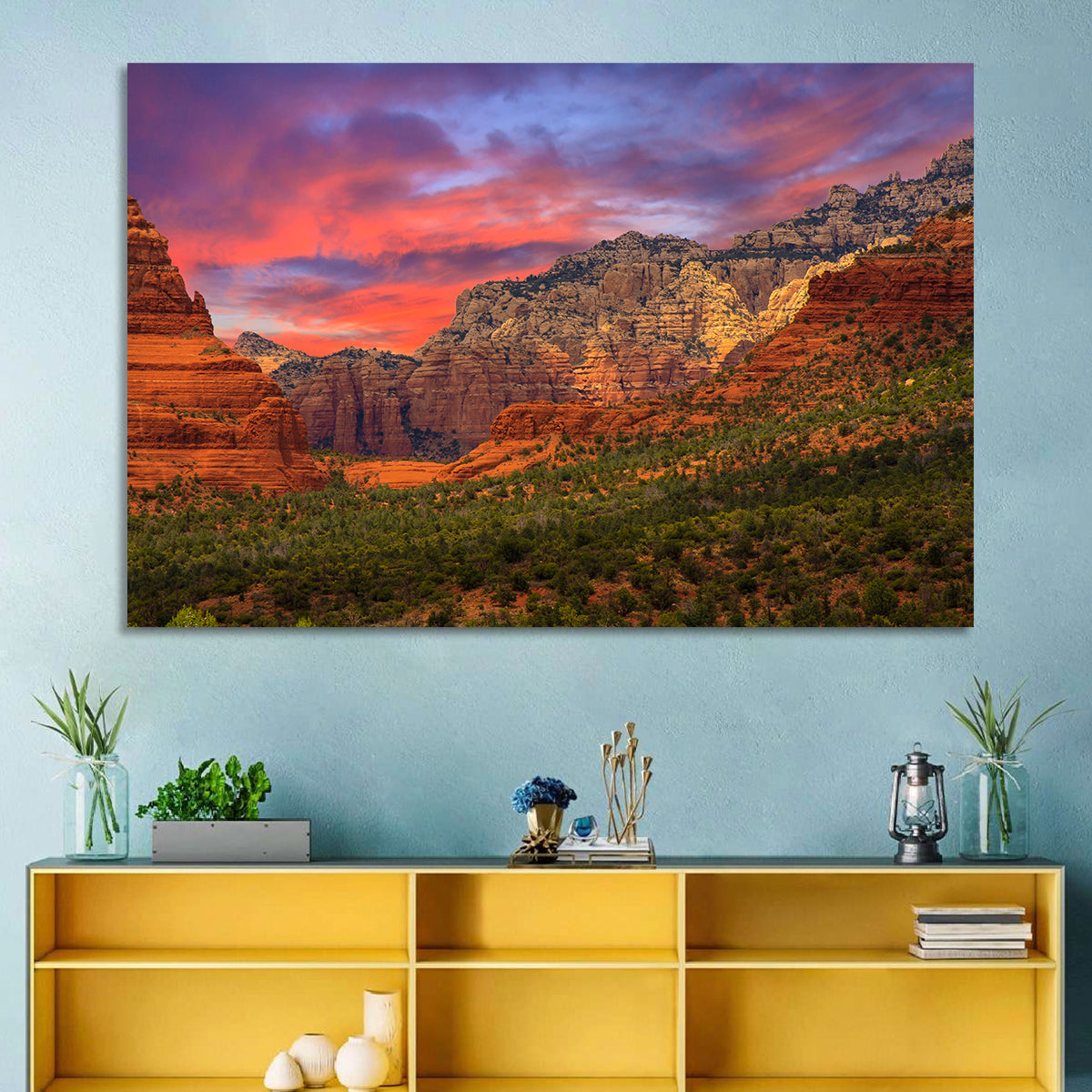 Sedona Red Rocks Sunrise Wall Art in a room, landscape