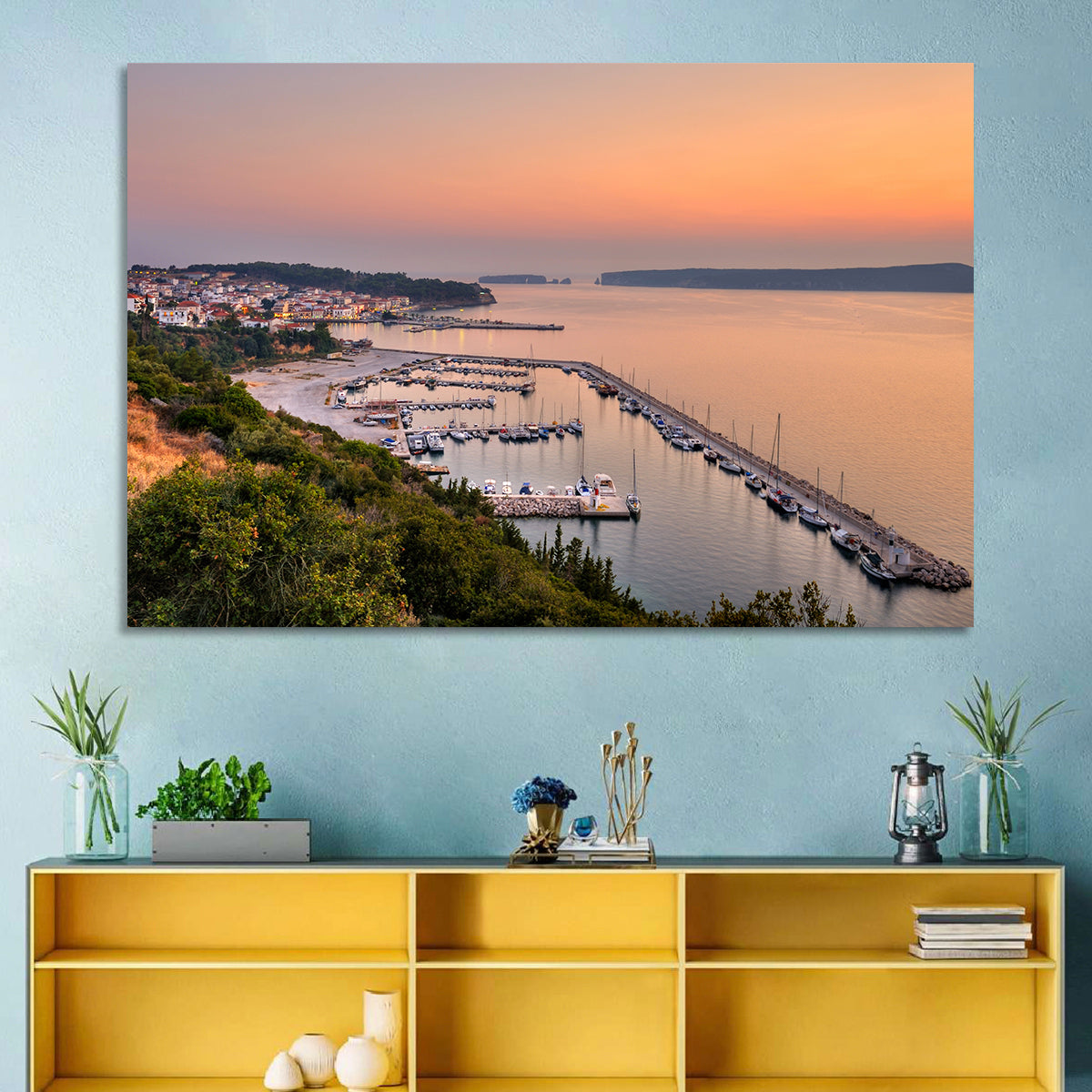 Pylos Harbor Lighthouse Sunset Wall Art in a room, landscape