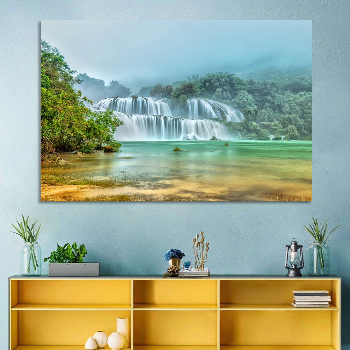 Ban Gioc Waterfalls Misty Morning Wall Art in a room, landscape