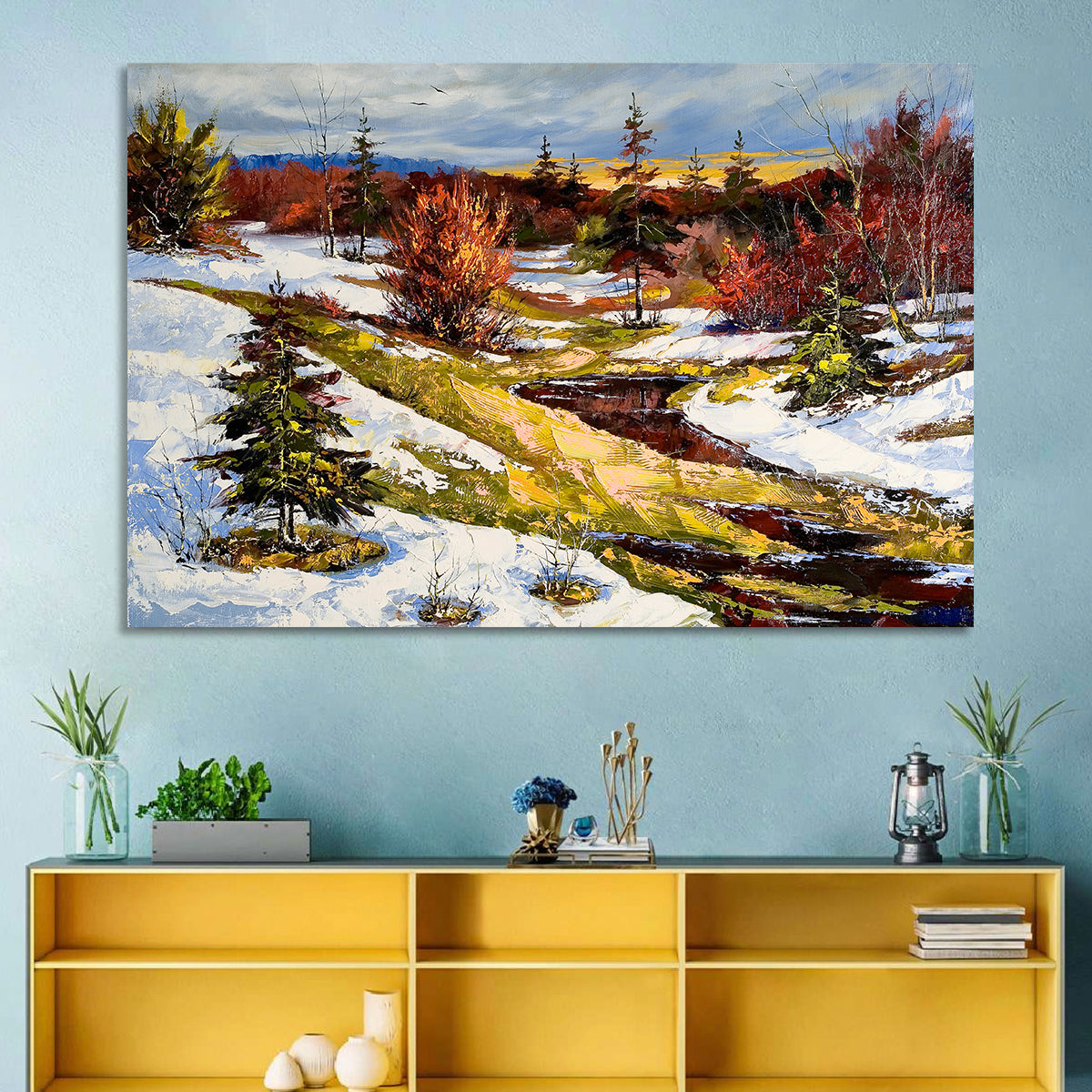 Snowy Stream Through Evergreens Wall Art