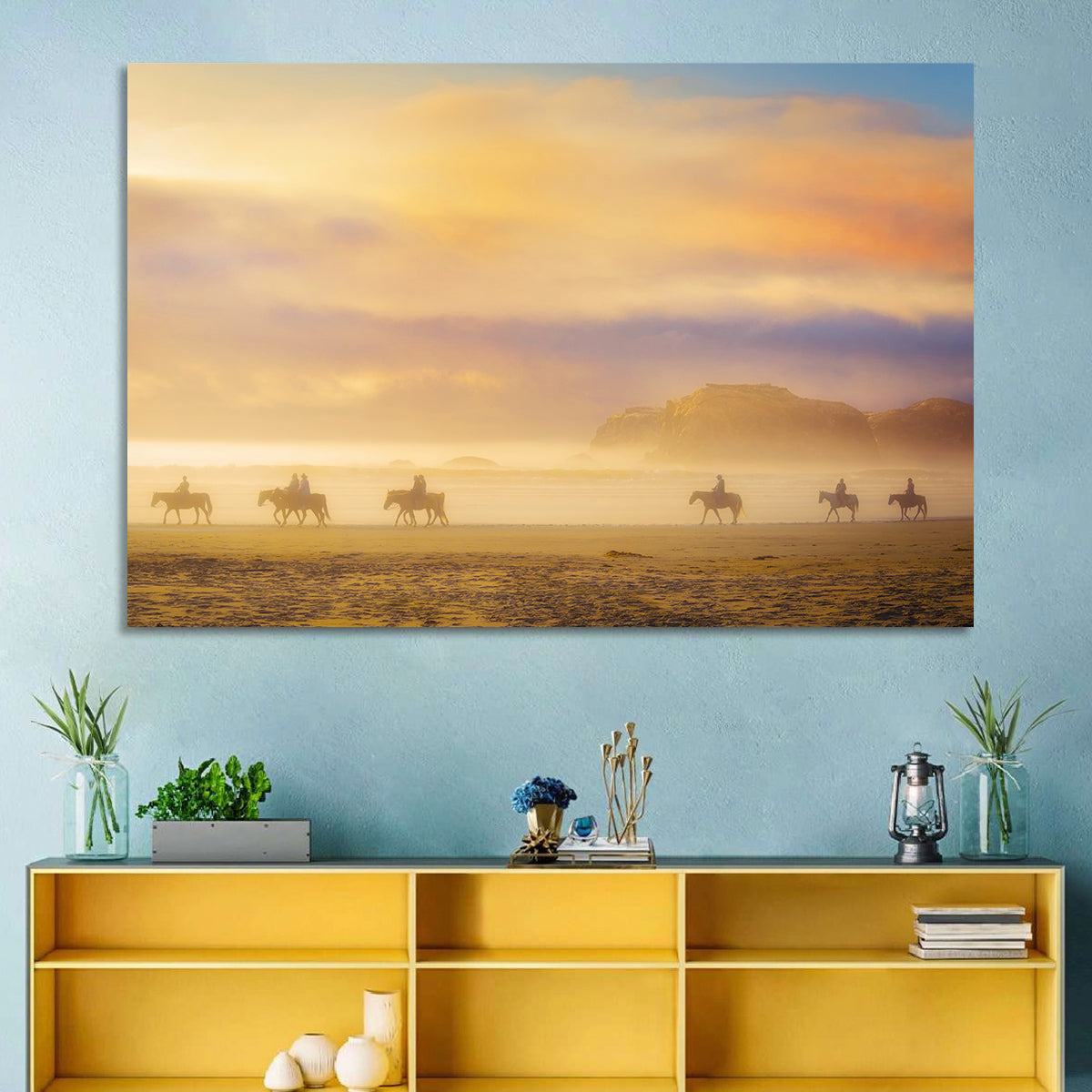 Misty Beach Horseback Riders Wall Art in a room, landscape