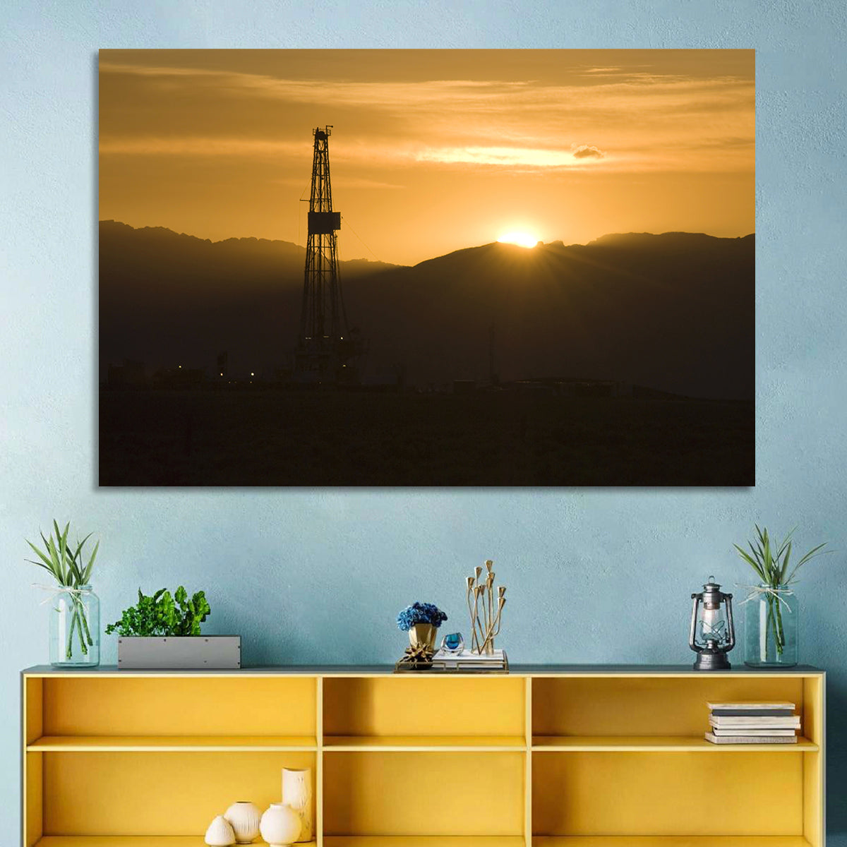 Sunrise Over Drilling Rig Wall Art in a room, landscape