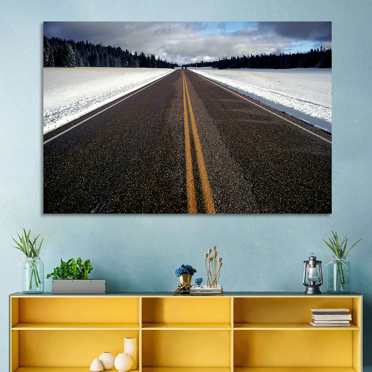 Winter Road Through Pine Forest Wall Art in a room, landscape