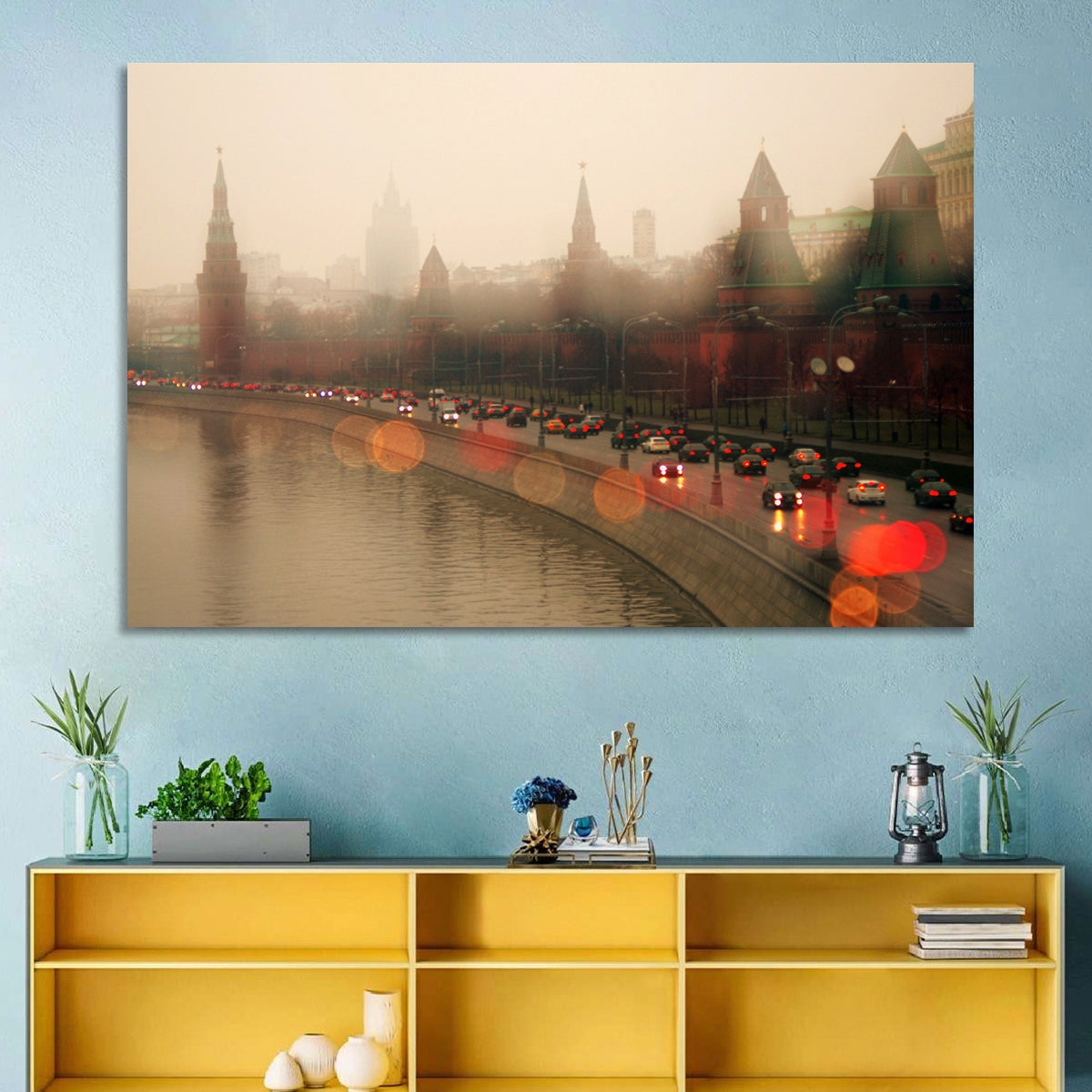 Foggy Moscow Kremlin at Dusk Wall Art in a room, landscape