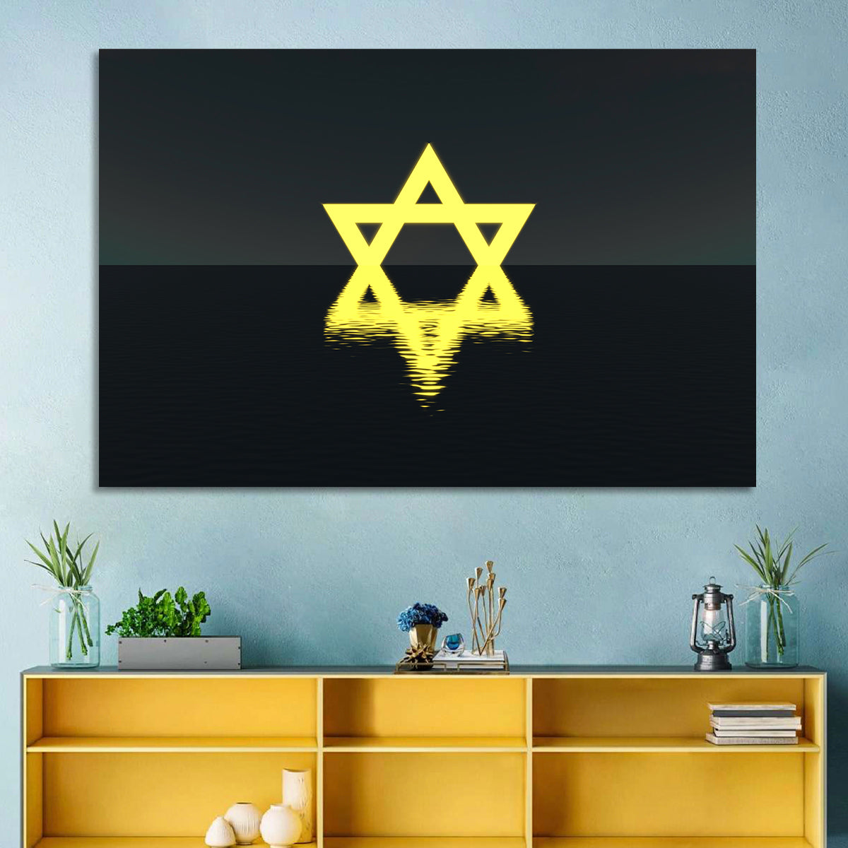 Glowing Star of David Reflection Wall Art in a room, landscape