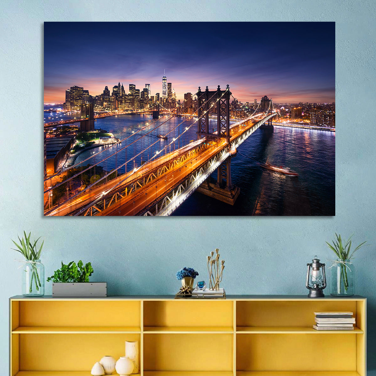 Sunset Over Manhattan Bridges Wall Art in a room, landscape