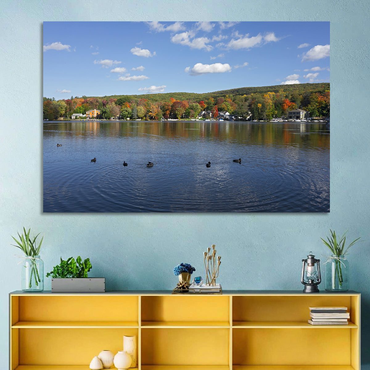 Greenwood Lake Autumn Landscape Wall Art in a room, landscape