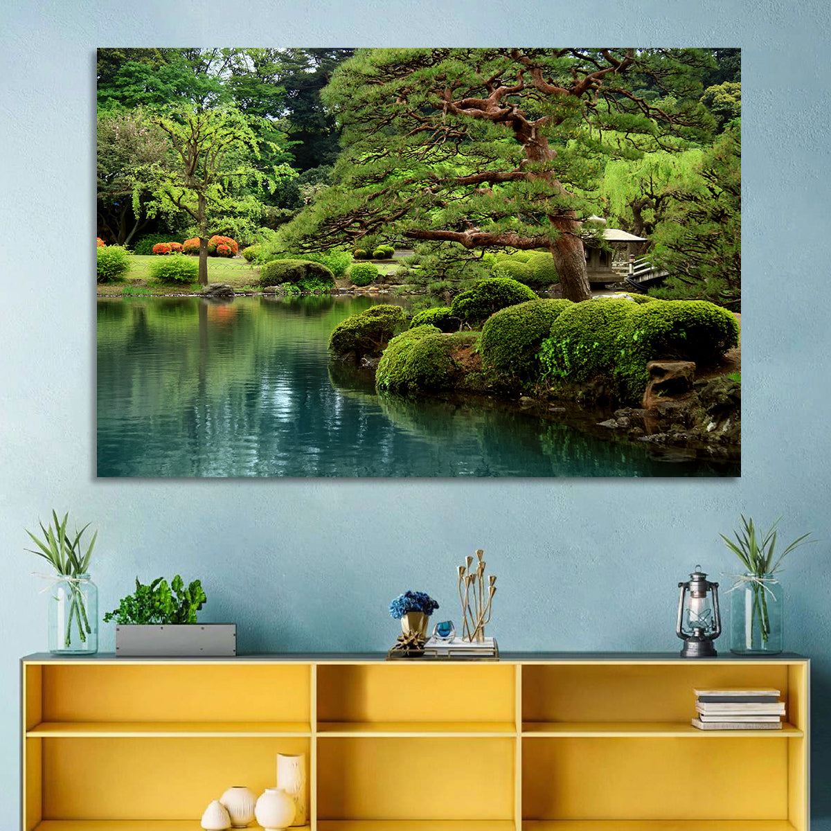 Bonsai Pine Over Tranquil Pond Wall Art in a room, landscape