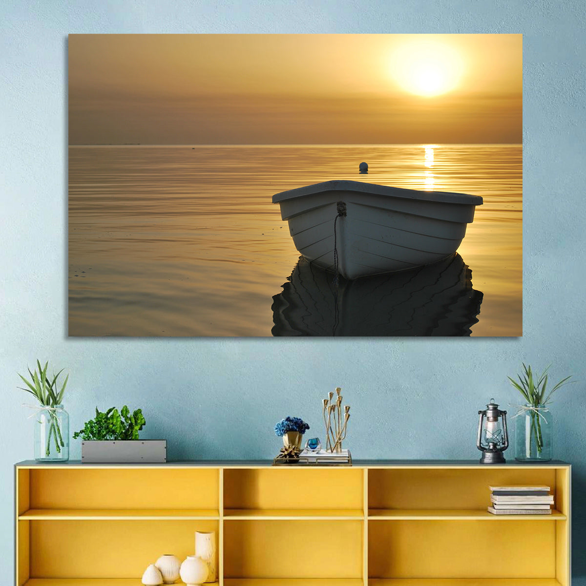White Rowboat on Golden Sea Wall Art in a room, landscape