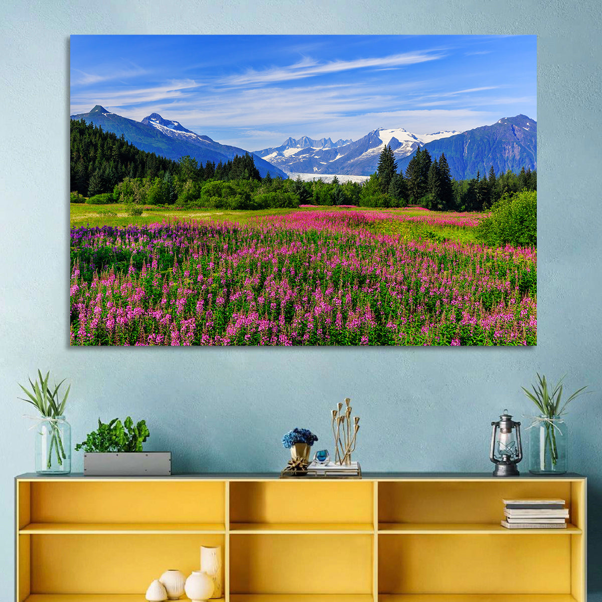 Juneau Meadow with Mendenhall Glacier Wall Art in a room, landscape