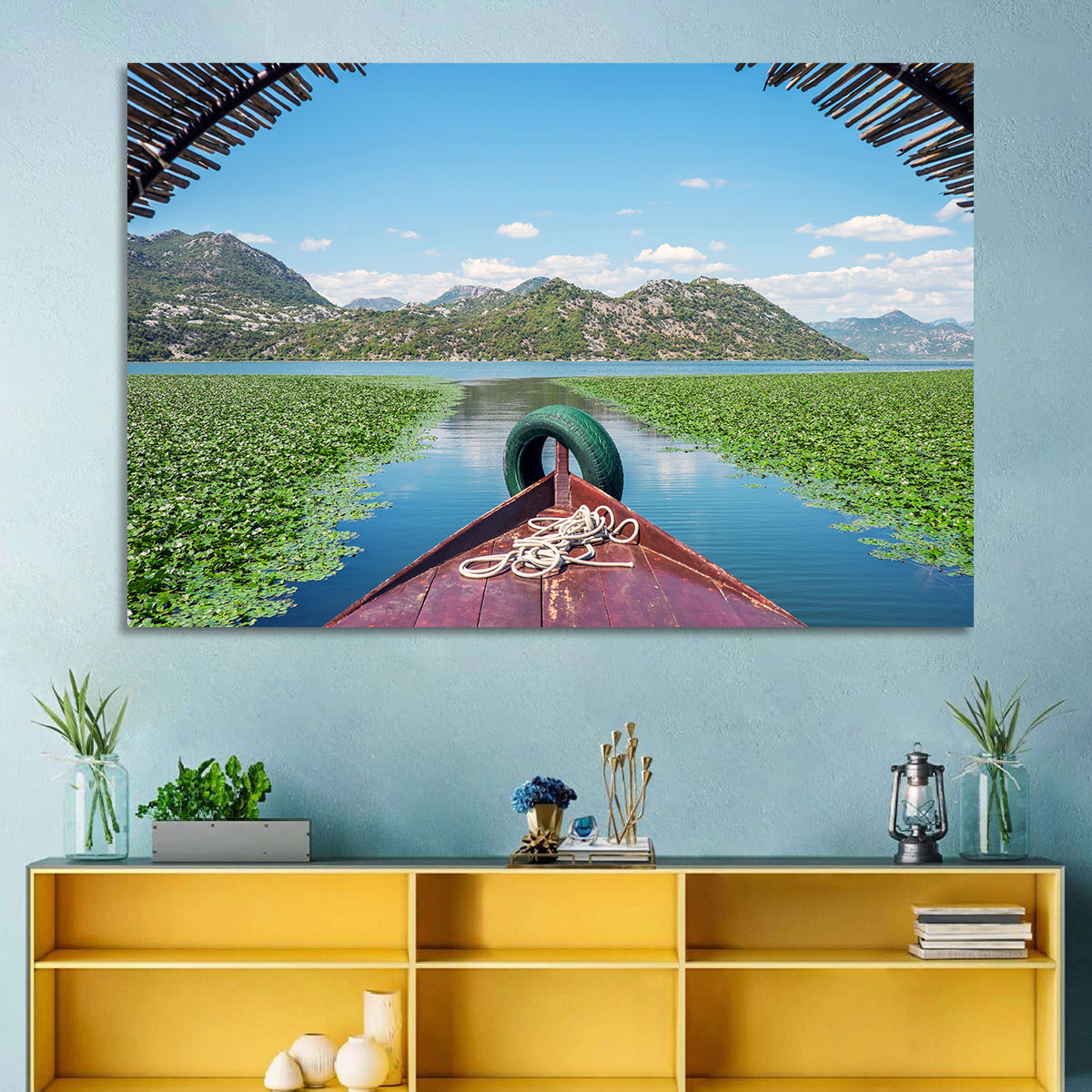 Bow of a Boat at Shkodra Lake Wall Art in a room, landscape