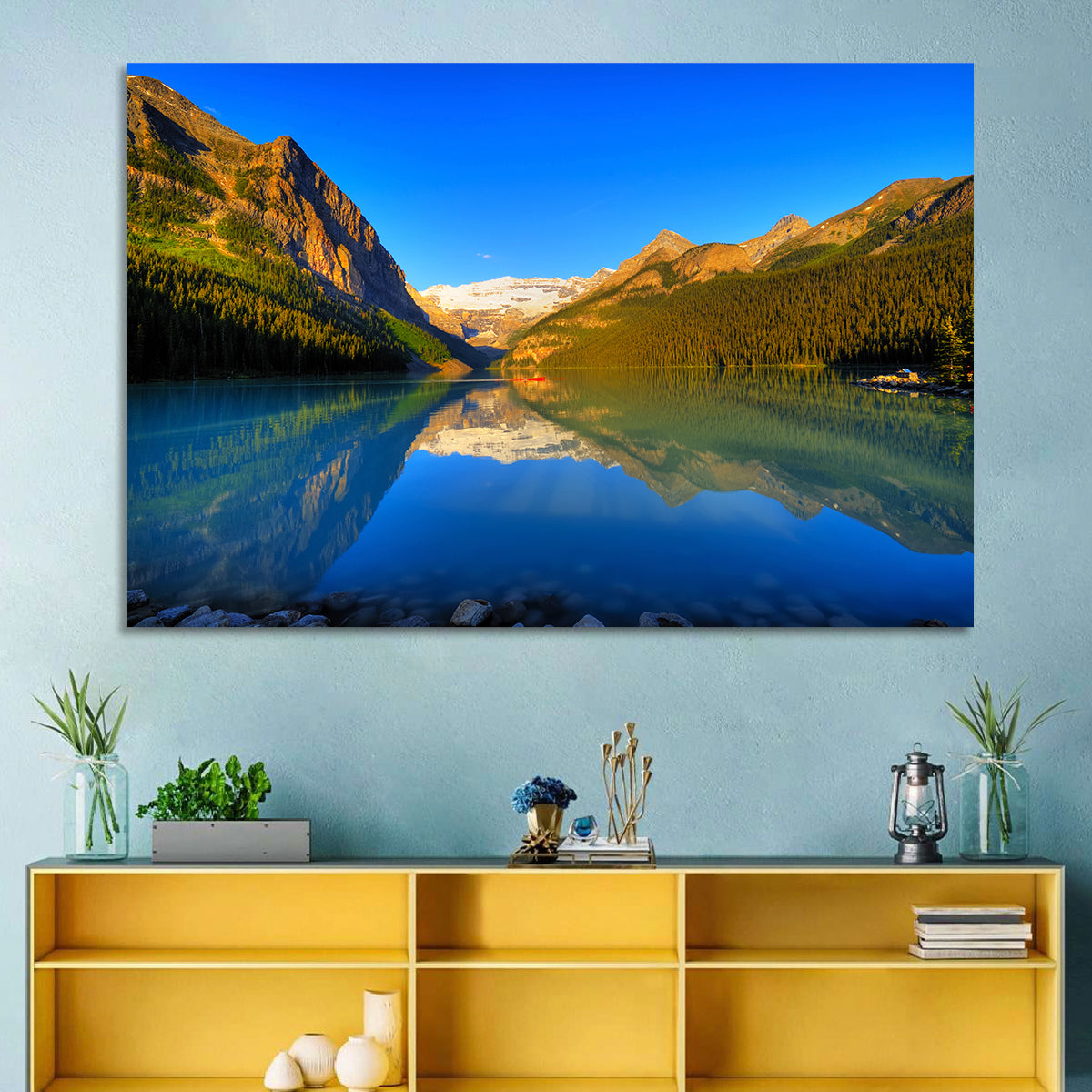 Lake Louise Canoe Reflection Wall Art in a room, landscape