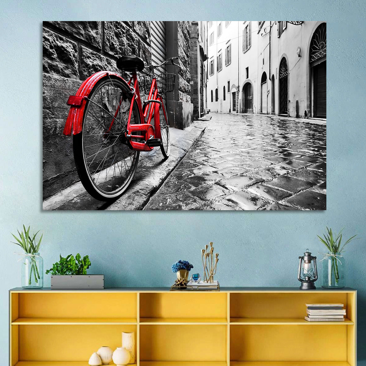Red Bicycle on Rainy Cobblestone Street Wall Art