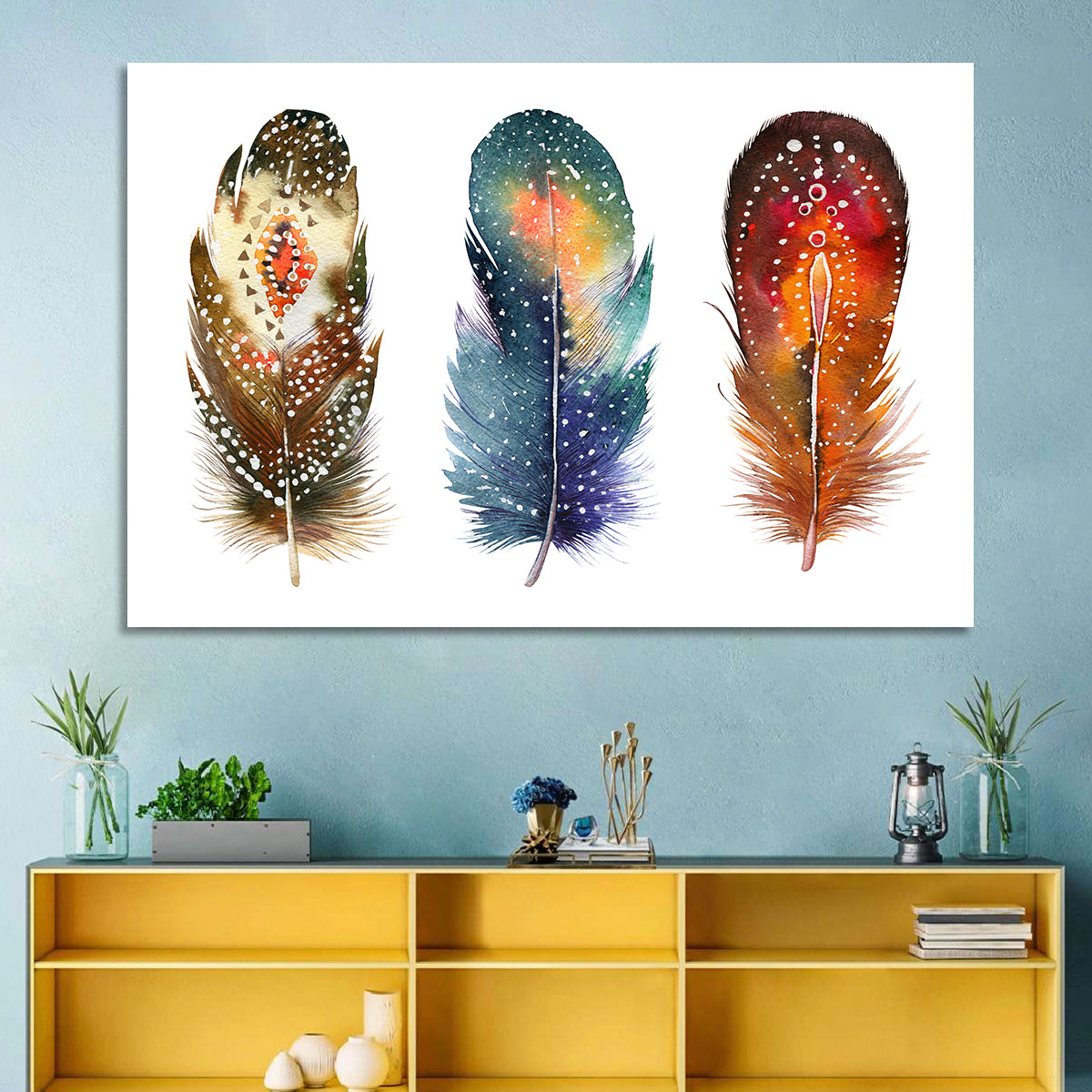 Boho Watercolor Feather Trio Wall Art in a room, landscape
