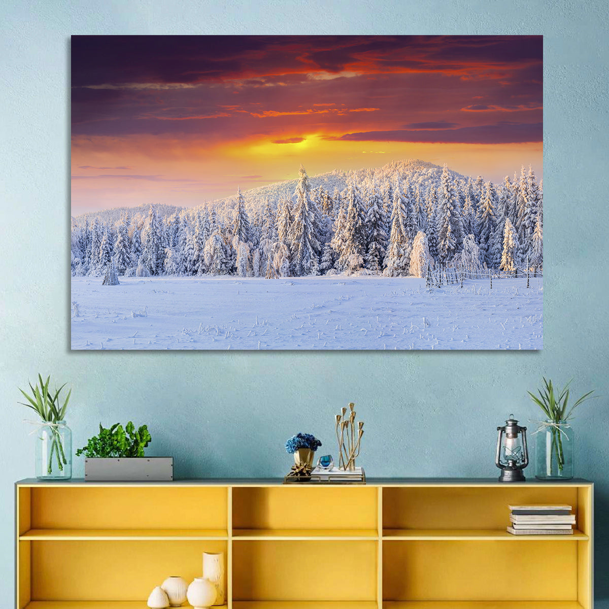 Snowy Forest Sunset Wall Art in a room, landscape