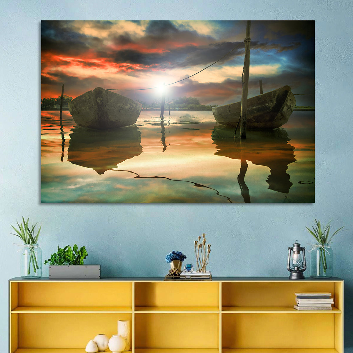 Two Wooden Boats at Sunset Wall Art in a room, landscape