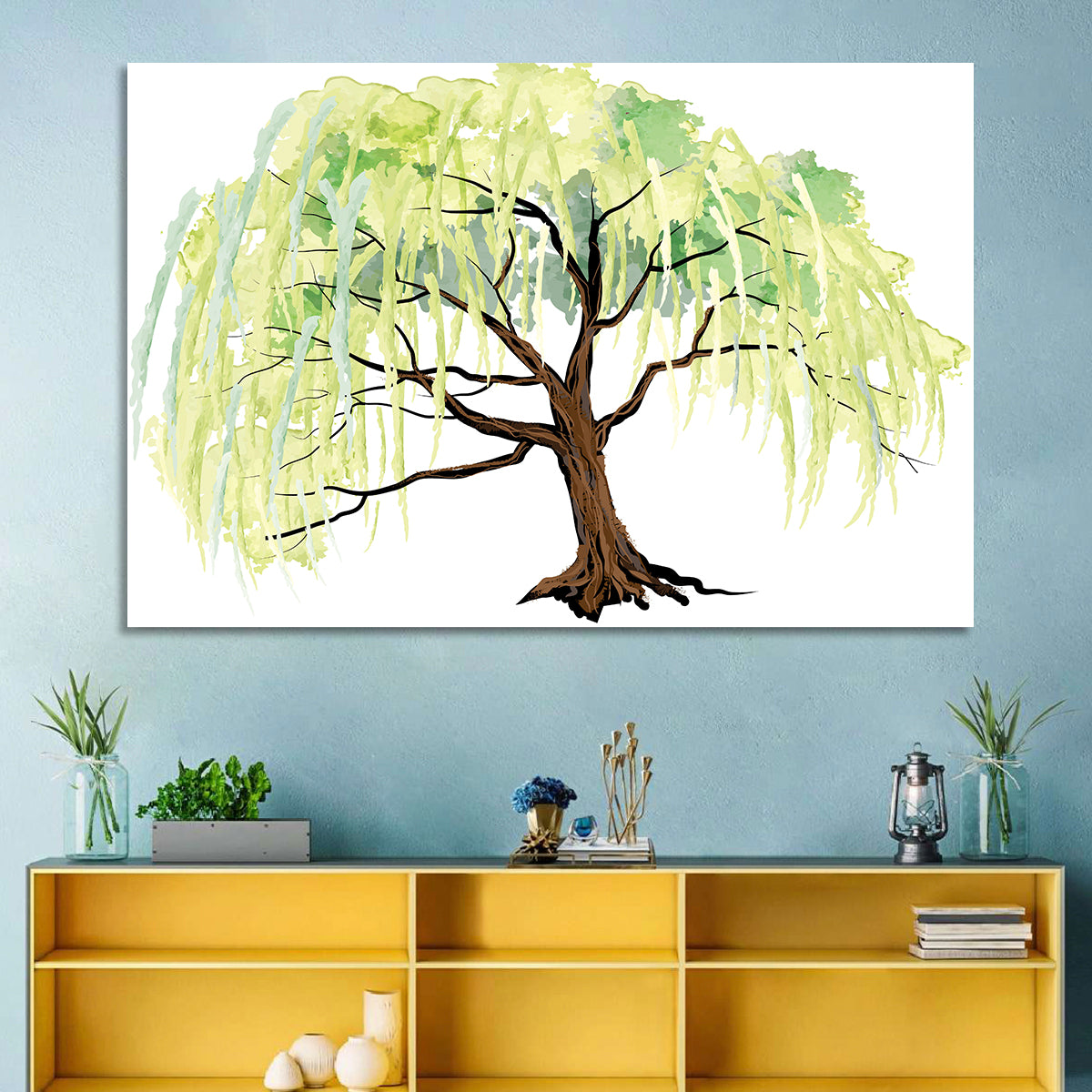 Weeping Willow Watercolor Sketch Wall Art in a room, landscape