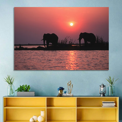 Elephants at Sunset Silhouette Wall Art