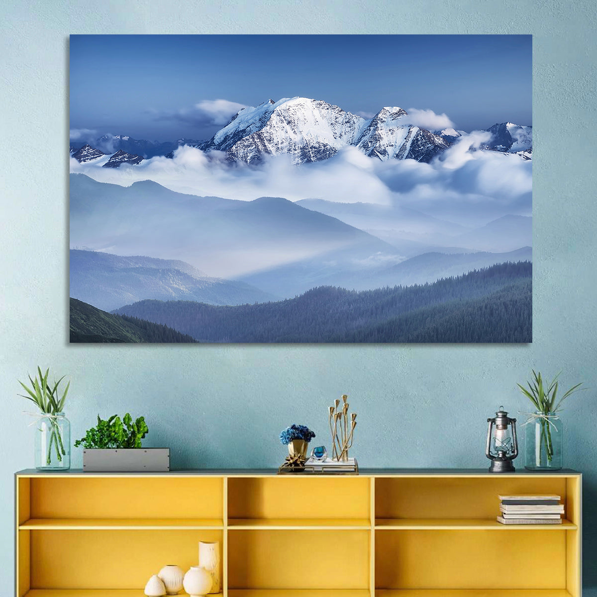 Snow-capped Peaks in Clouds Wall Art in a room, landscape