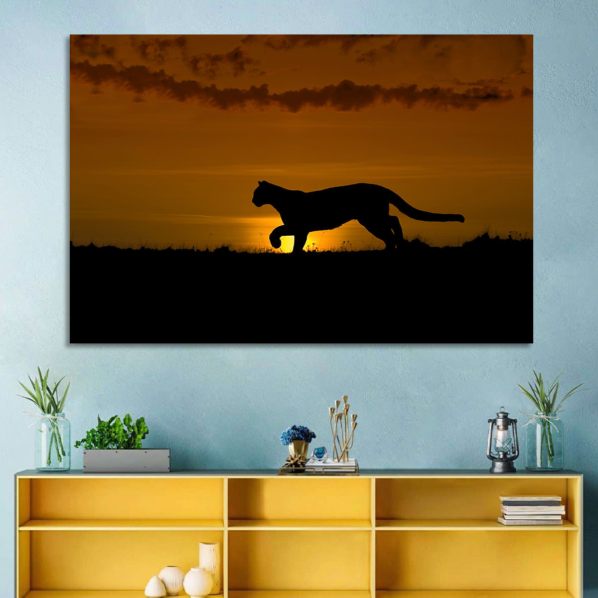 Cougar Silhouette at Sunset Wall Art in a room, landscape