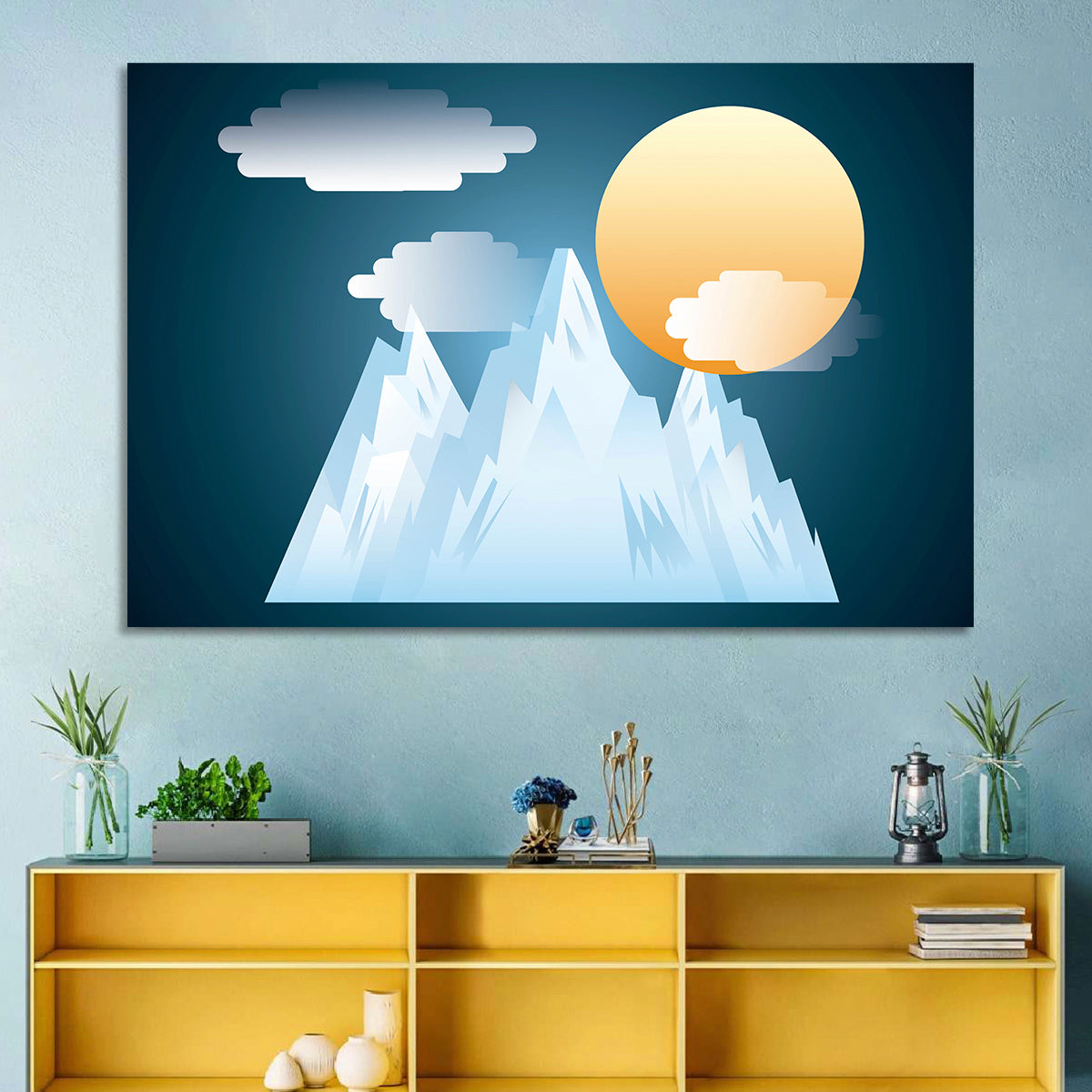 Geometric Snowy Mountain with Golden Sun Wall Art in a room, landscape